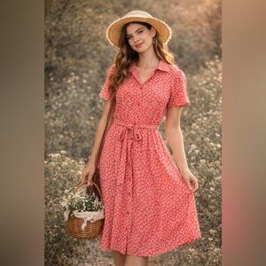 ICHI Floral Short Sleeve Button Front Midi Shirt Dress Orange Size EU 36/ US 4